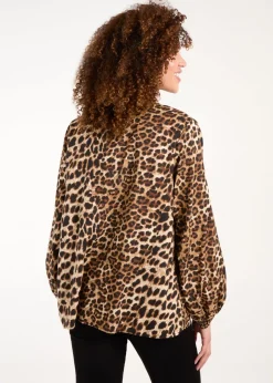 Tops>Blue Vanilla Brown Shirred Front Tie Neck Blouse