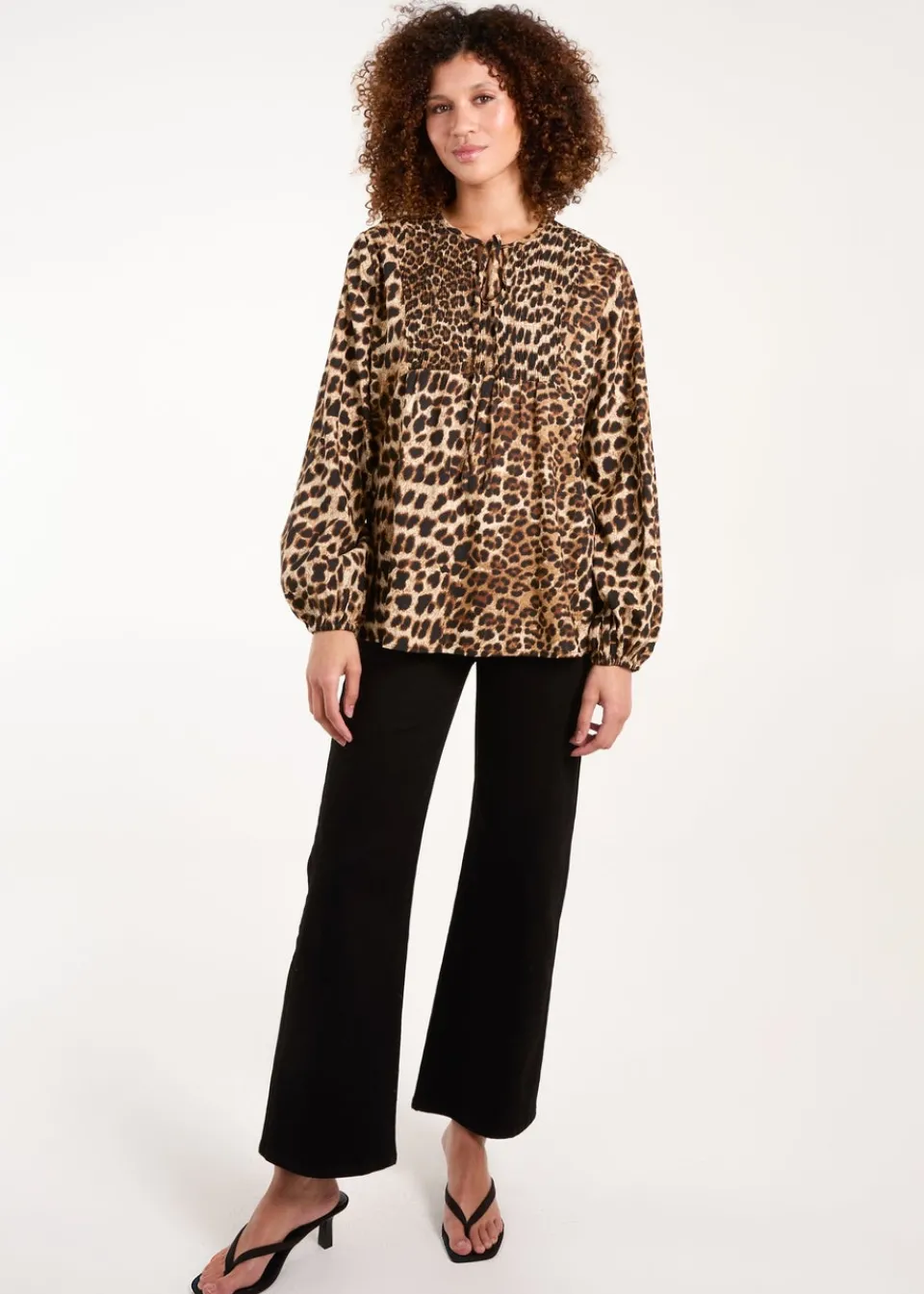 Tops>Blue Vanilla Brown Shirred Front Tie Neck Blouse