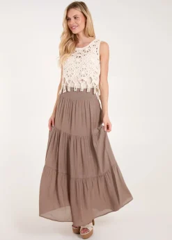 Skirts>Blue Vanilla Brown Shirring Waist Tiered Maxi Skirt