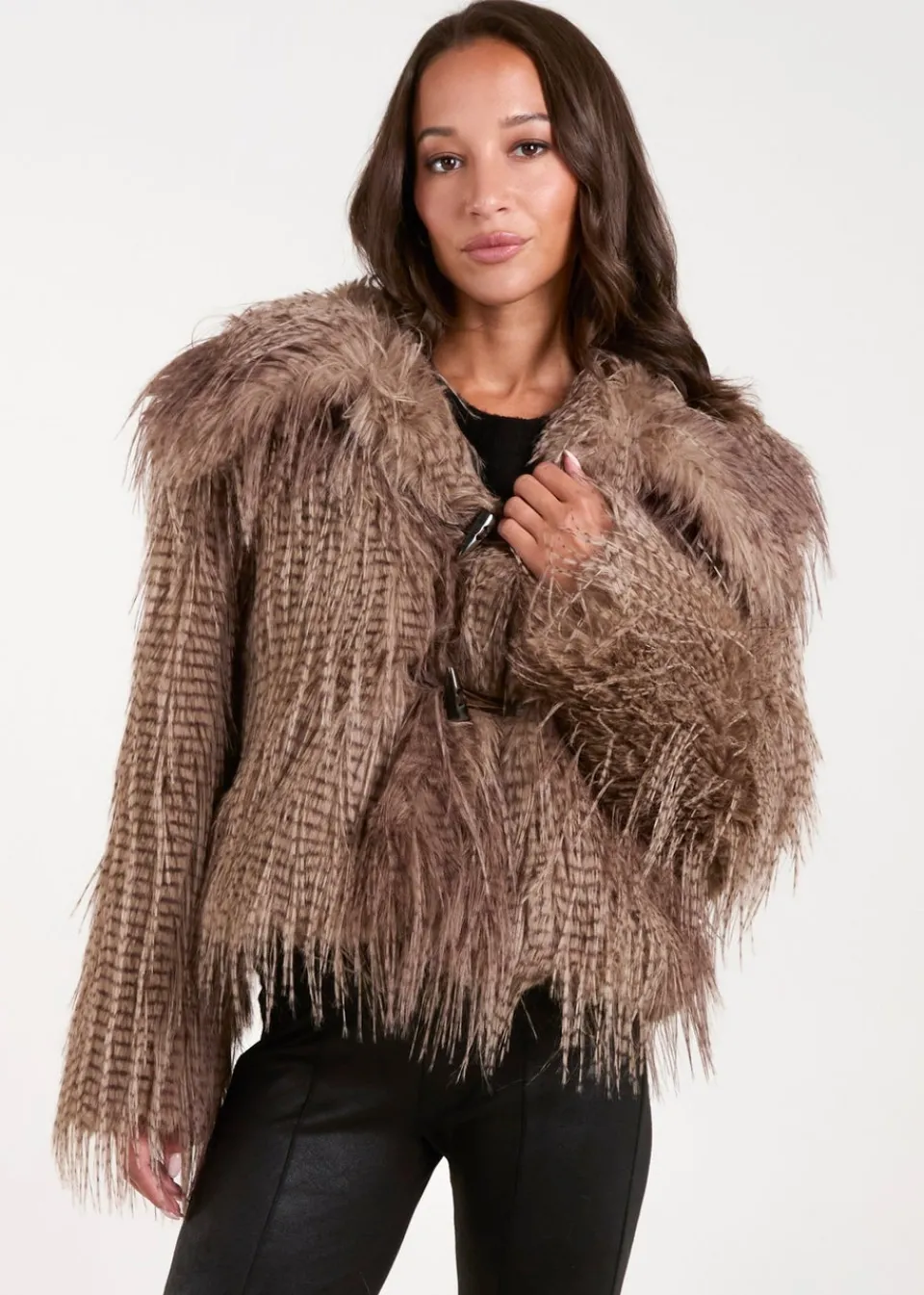 Coats & Jackets>Blue Vanilla Brown Toggle Detail Faux Fur Coat