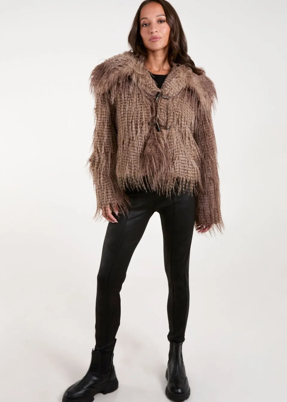 Coats & Jackets>Blue Vanilla Brown Toggle Detail Faux Fur Coat