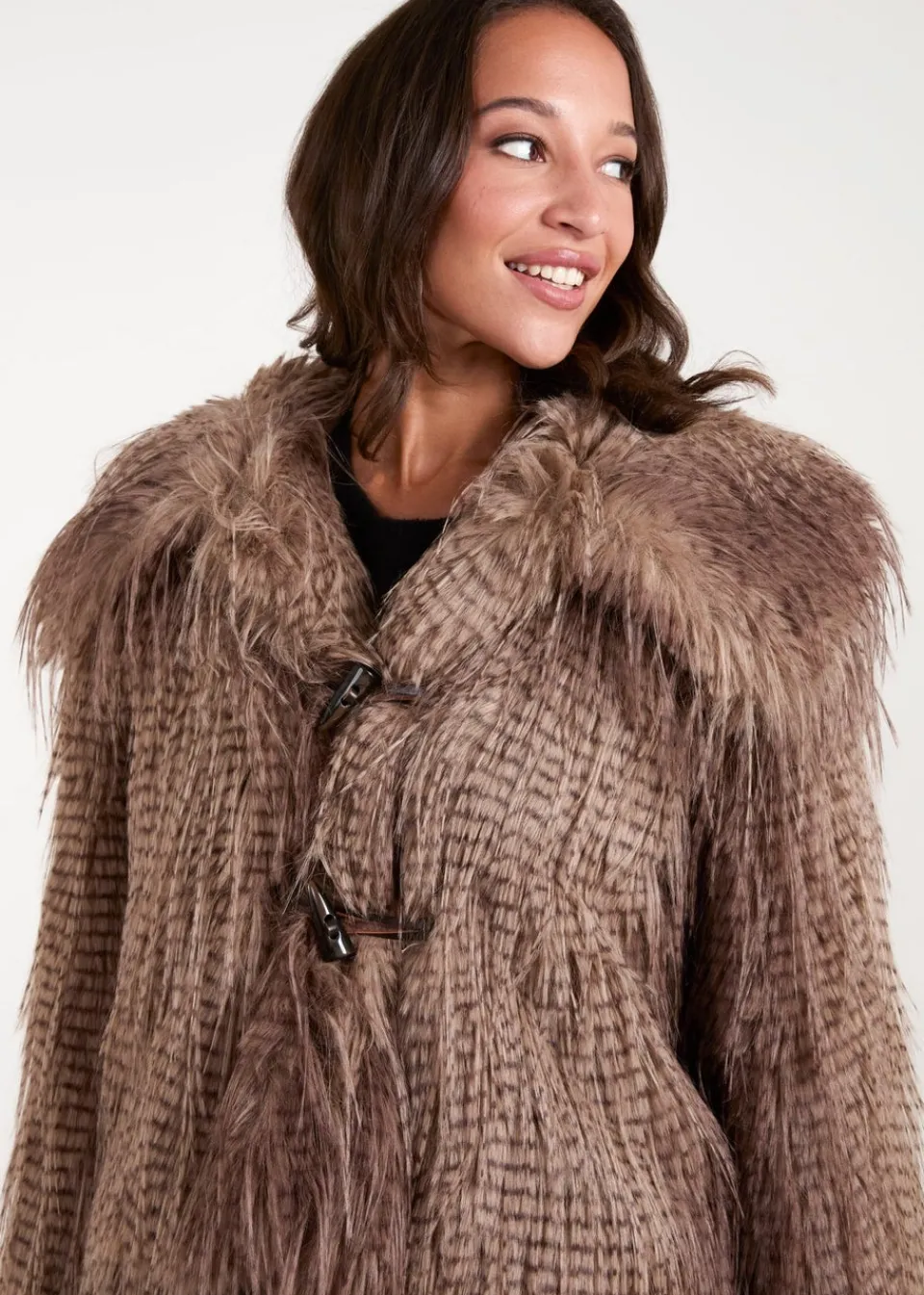 Coats & Jackets>Blue Vanilla Brown Toggle Detail Faux Fur Coat