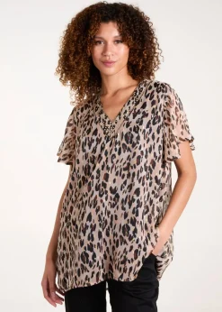 Tops>Blue Vanilla Brown V Neck Animal Tunic Top