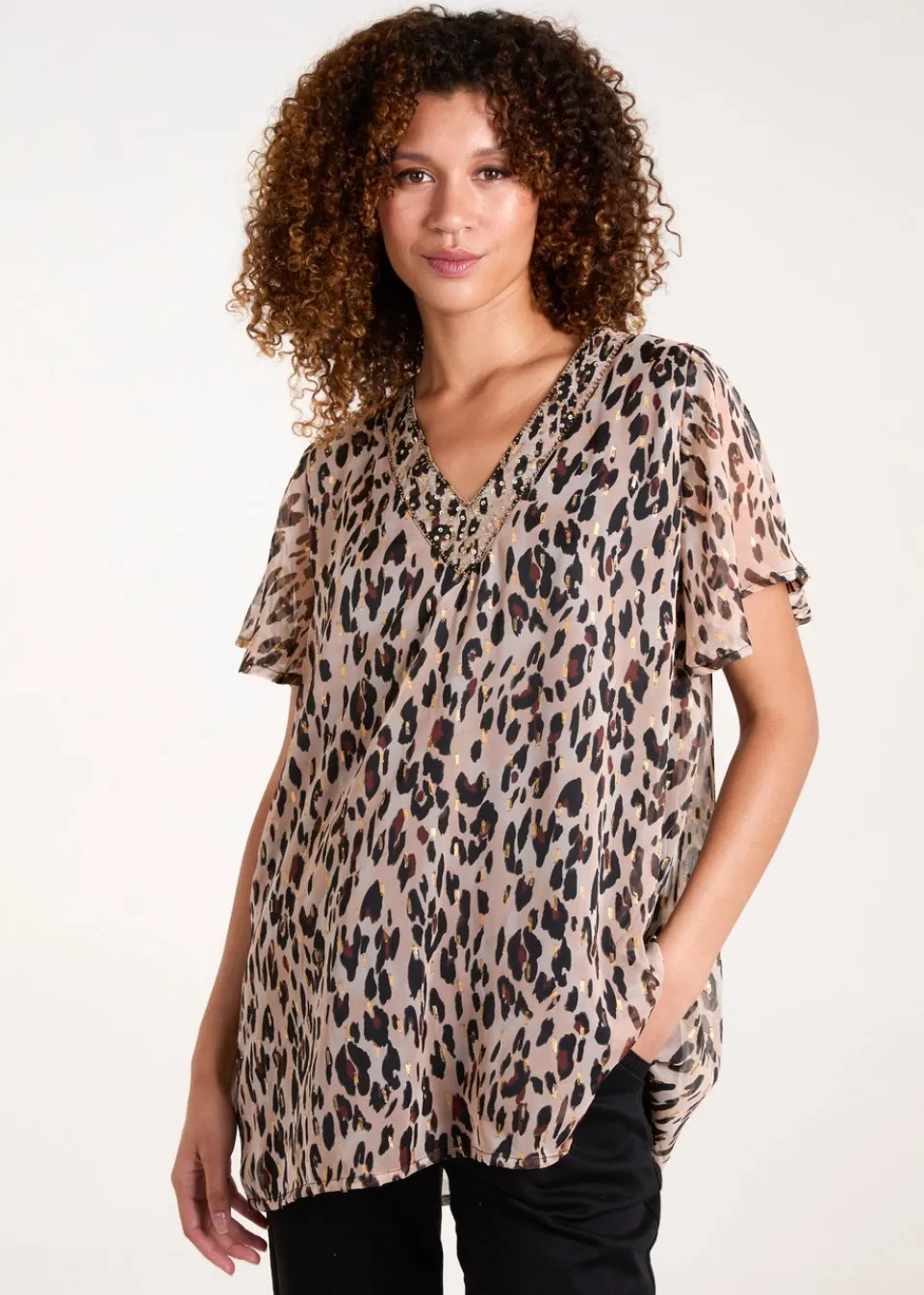 Tops>Blue Vanilla Brown V Neck Animal Tunic Top