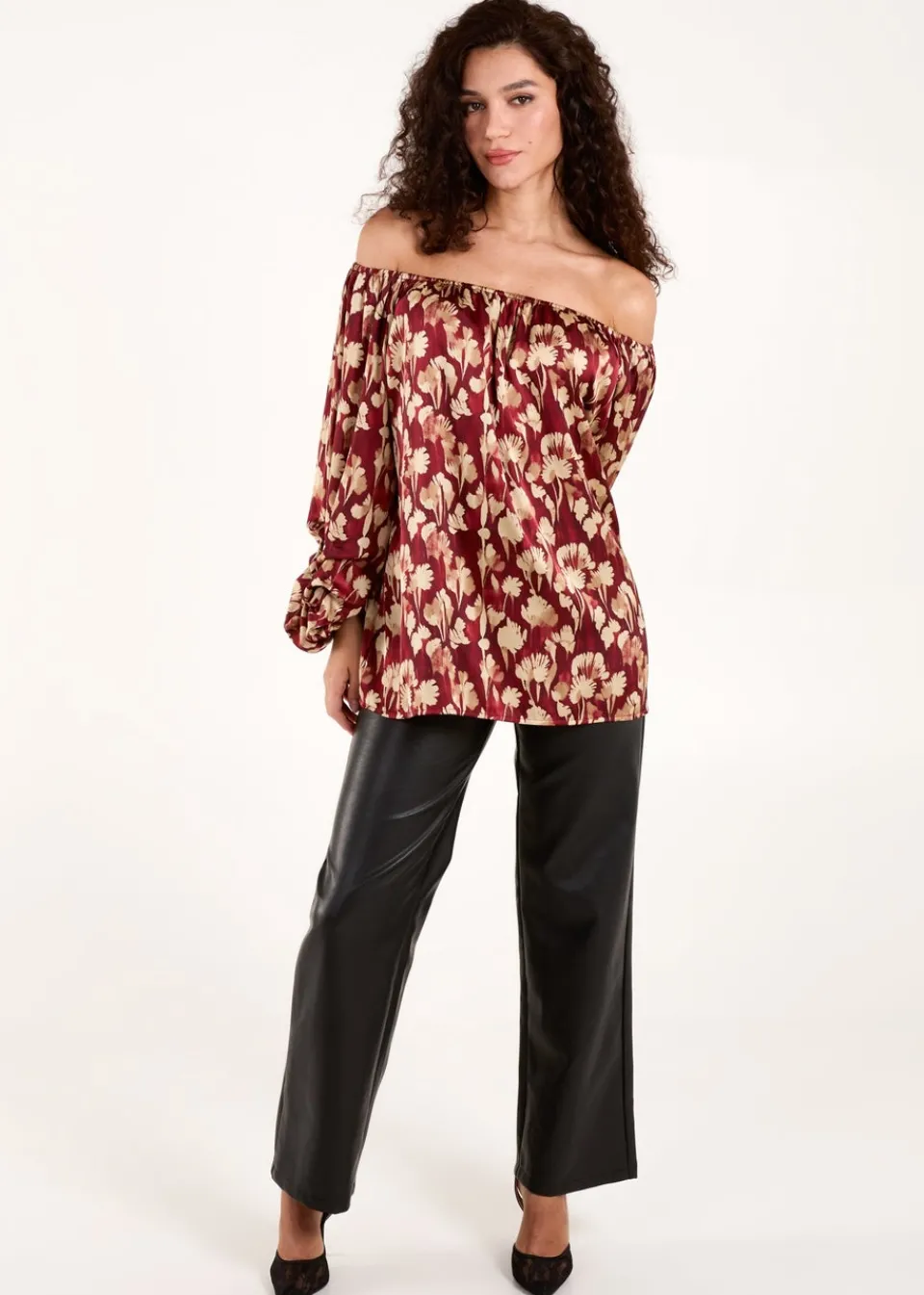 Tops>Blue Vanilla Burgundy Floral Ruched Sleeve Bardot Blouse