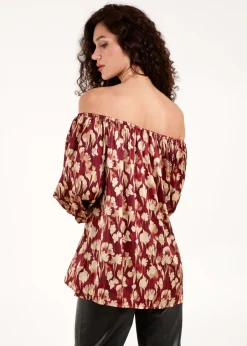 Tops>Blue Vanilla Burgundy Floral Ruched Sleeve Bardot Blouse