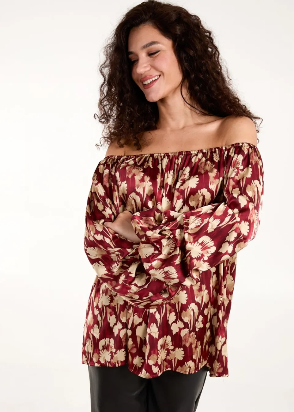 Tops>Blue Vanilla Burgundy Floral Ruched Sleeve Bardot Blouse