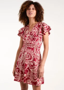 Dresses>Blue Vanilla Burgundy Paisley Wrap Front Ruffle Sleeve Mini Dress