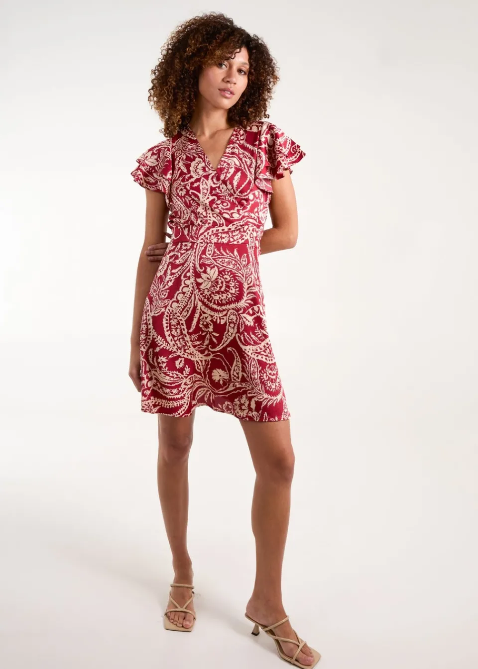 Dresses>Blue Vanilla Burgundy Paisley Wrap Front Ruffle Sleeve Mini Dress
