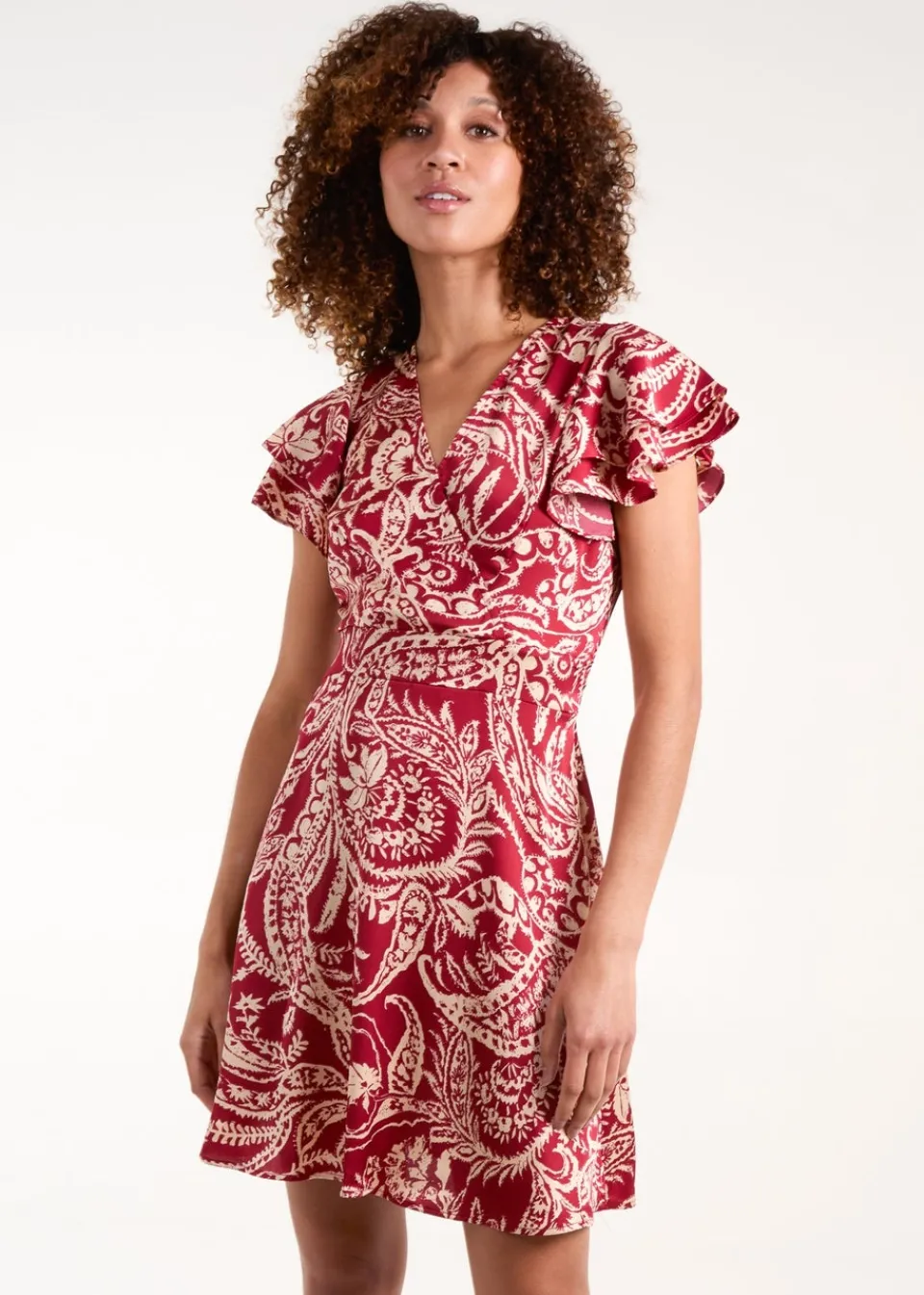 Dresses>Blue Vanilla Burgundy Paisley Wrap Front Ruffle Sleeve Mini Dress