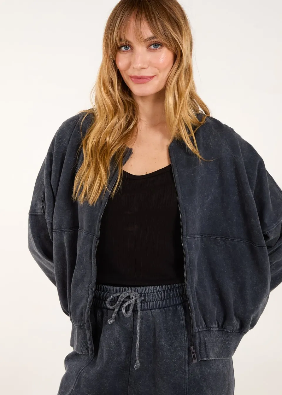 Tops>Blue Vanilla Charcoal Bomber Jacket & Jogger Set