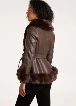 Coats & Jackets>Blue Vanilla Chocolate Faux Fur PU Coat With Belt