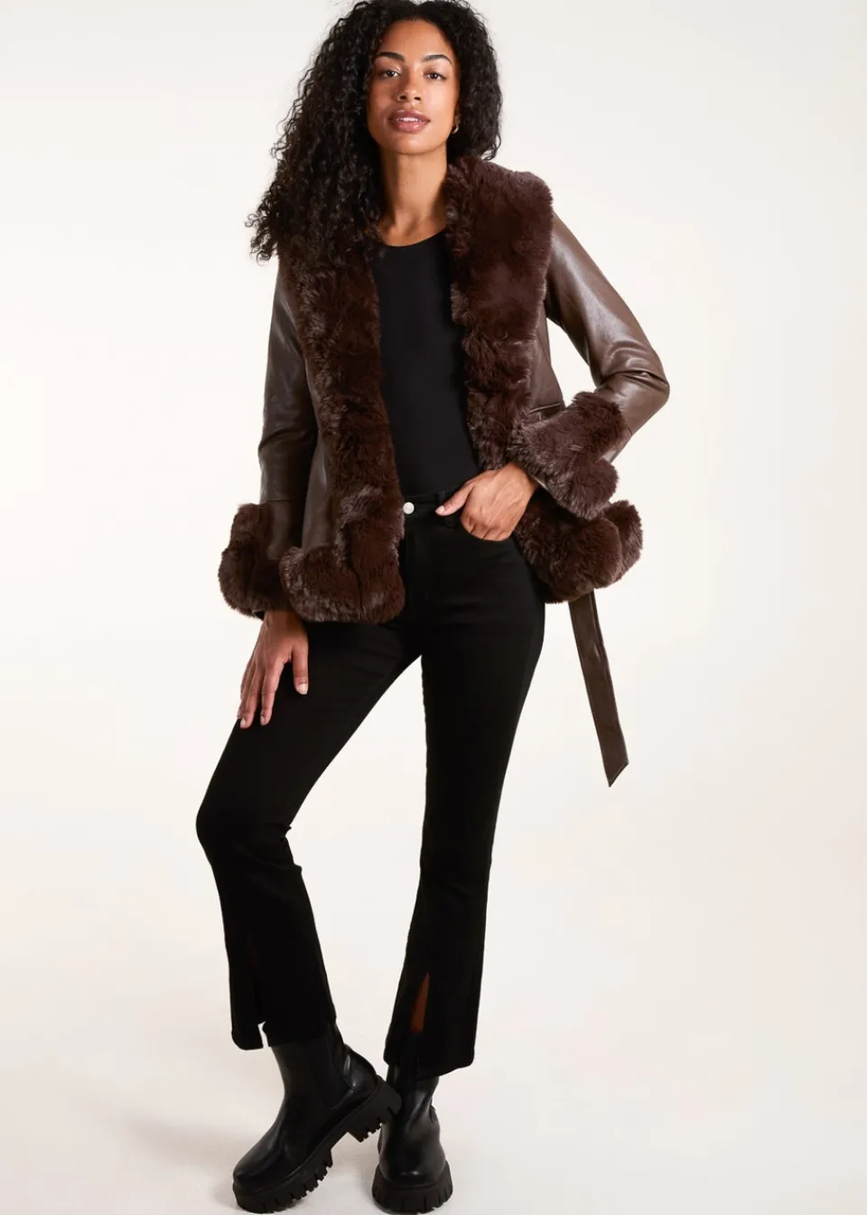 Coats & Jackets>Blue Vanilla Chocolate Faux Fur PU Coat With Belt