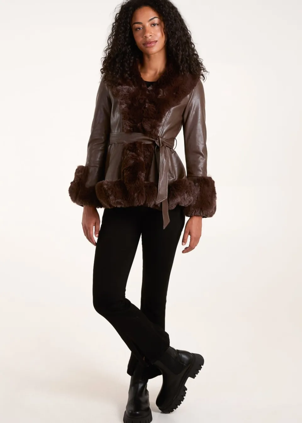 Coats & Jackets>Blue Vanilla Chocolate Faux Fur PU Coat With Belt