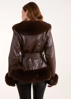 Coats & Jackets>Blue Vanilla Chocolate Panel Fur PU Belted Coat
