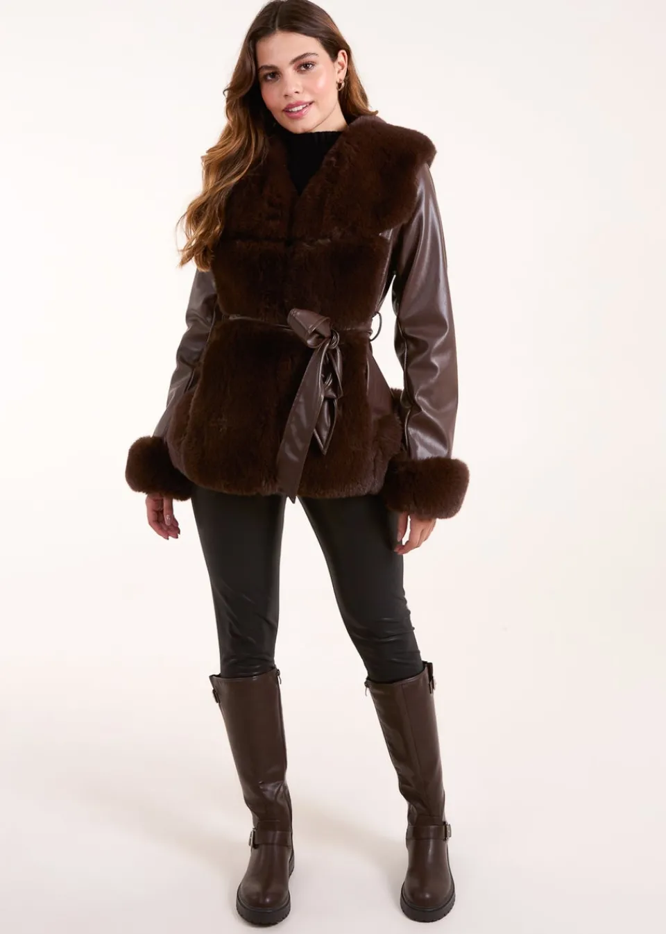 Coats & Jackets>Blue Vanilla Chocolate Panel Fur PU Belted Coat