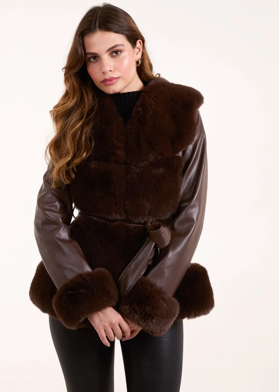 Coats & Jackets>Blue Vanilla Chocolate Panel Fur PU Belted Coat