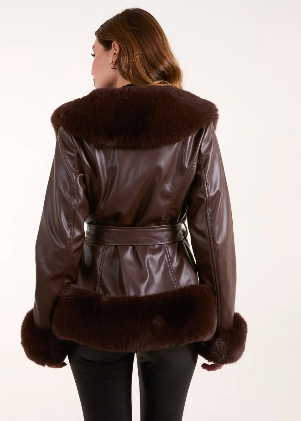 Coats & Jackets>Blue Vanilla Chocolate Panel Fur PU Belted Coat