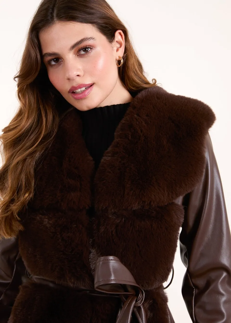 Coats & Jackets>Blue Vanilla Chocolate Panel Fur PU Belted Coat