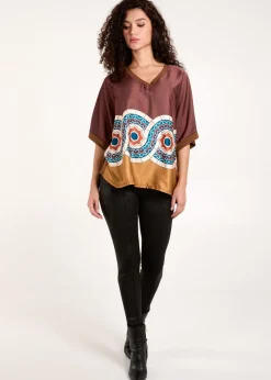 Tops>Blue Vanilla Chocolate Satin Viscose Back Print Top