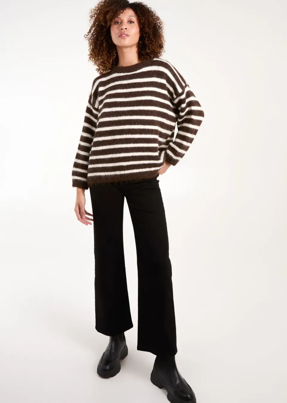 Tops>Blue Vanilla Chocolate Soft Knit Round Neck Stripe Jumper