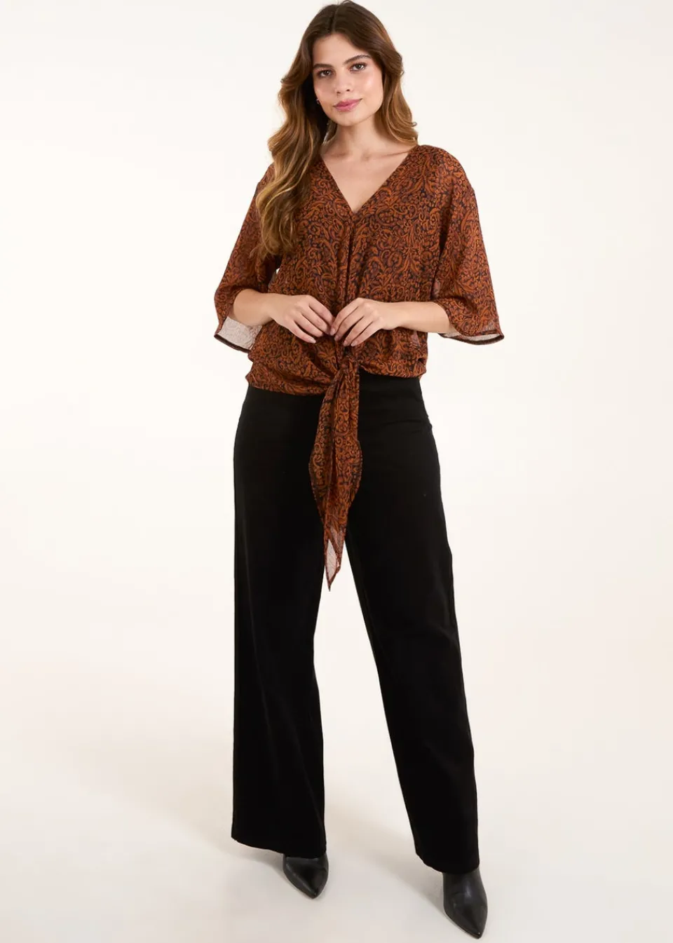 Tops>Blue Vanilla Chocolate Tie Front V Neck Blouse