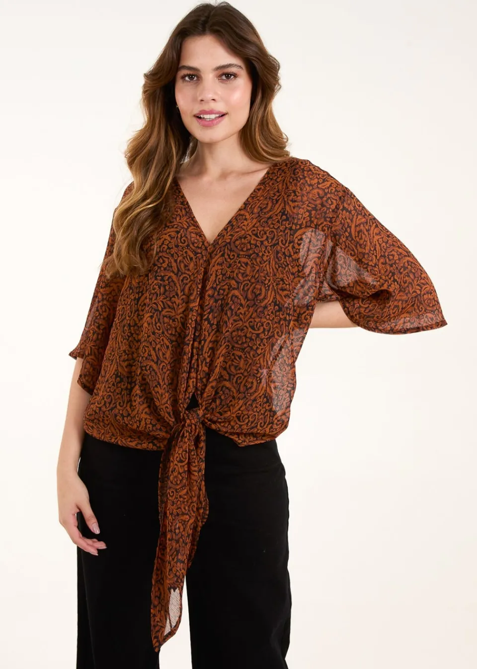 Tops>Blue Vanilla Chocolate Tie Front V Neck Blouse
