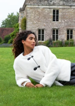 Coats & Jackets>Blue Vanilla Cream Collarless Toggle Detail Fur Jacket