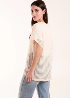 T-Shirts>Blue Vanilla Cream Crochet Batwing Oversized Top