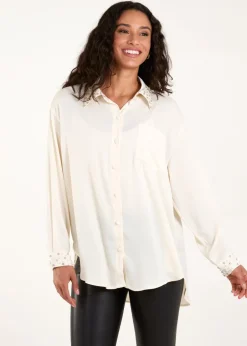 Tops>Blue Vanilla Cream Embellished Collar & Cuff Satin Shirt