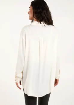 Tops>Blue Vanilla Cream Embellished Collar & Cuff Satin Shirt