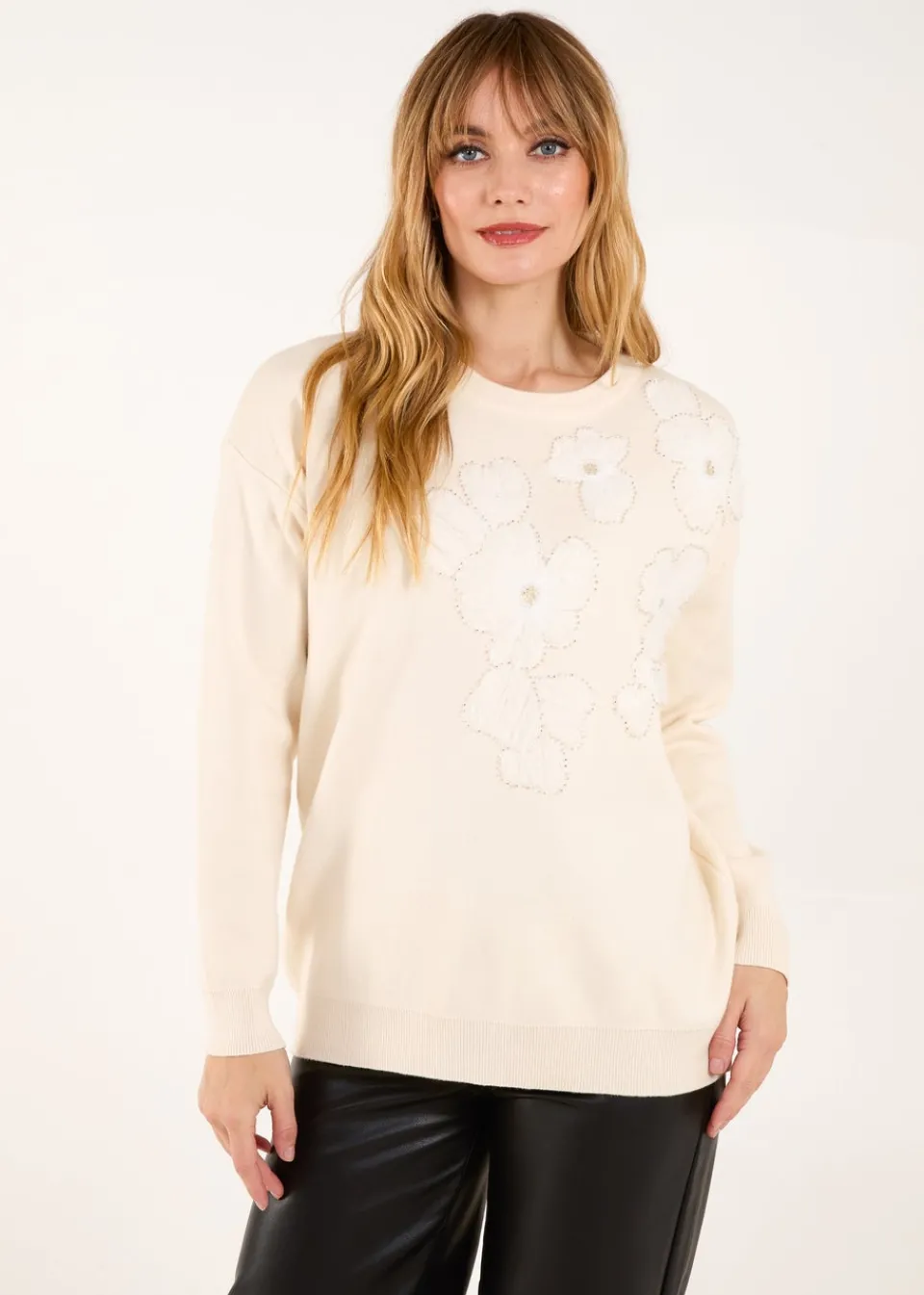 Tops>Blue Vanilla Cream Flower Diamante Jumper