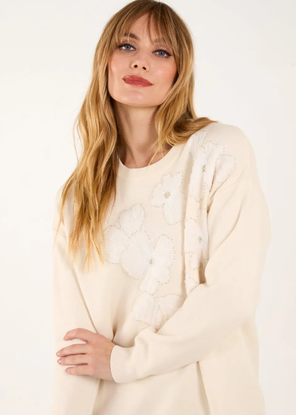 Tops>Blue Vanilla Cream Flower Diamante Jumper