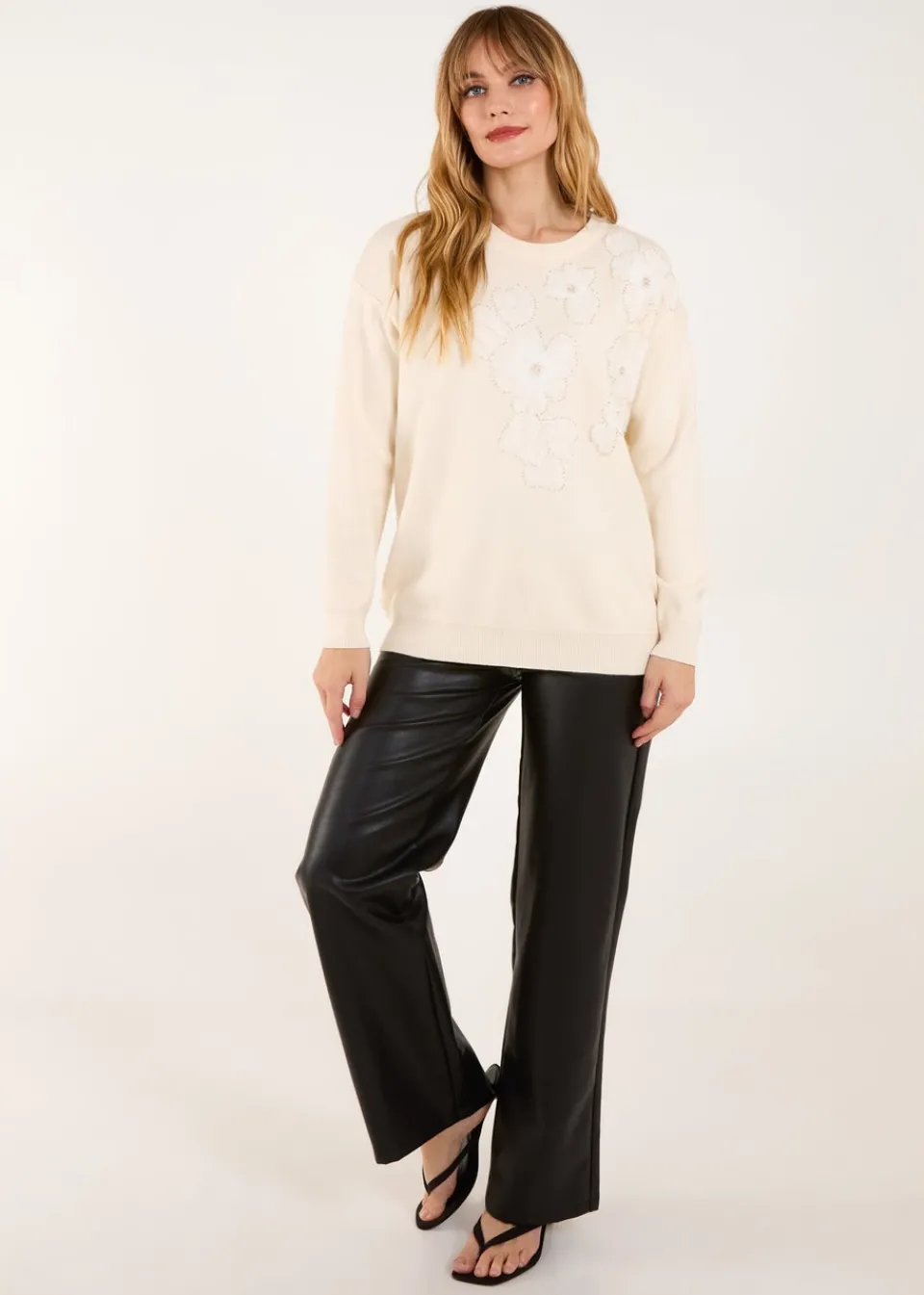 Tops>Blue Vanilla Cream Flower Diamante Jumper