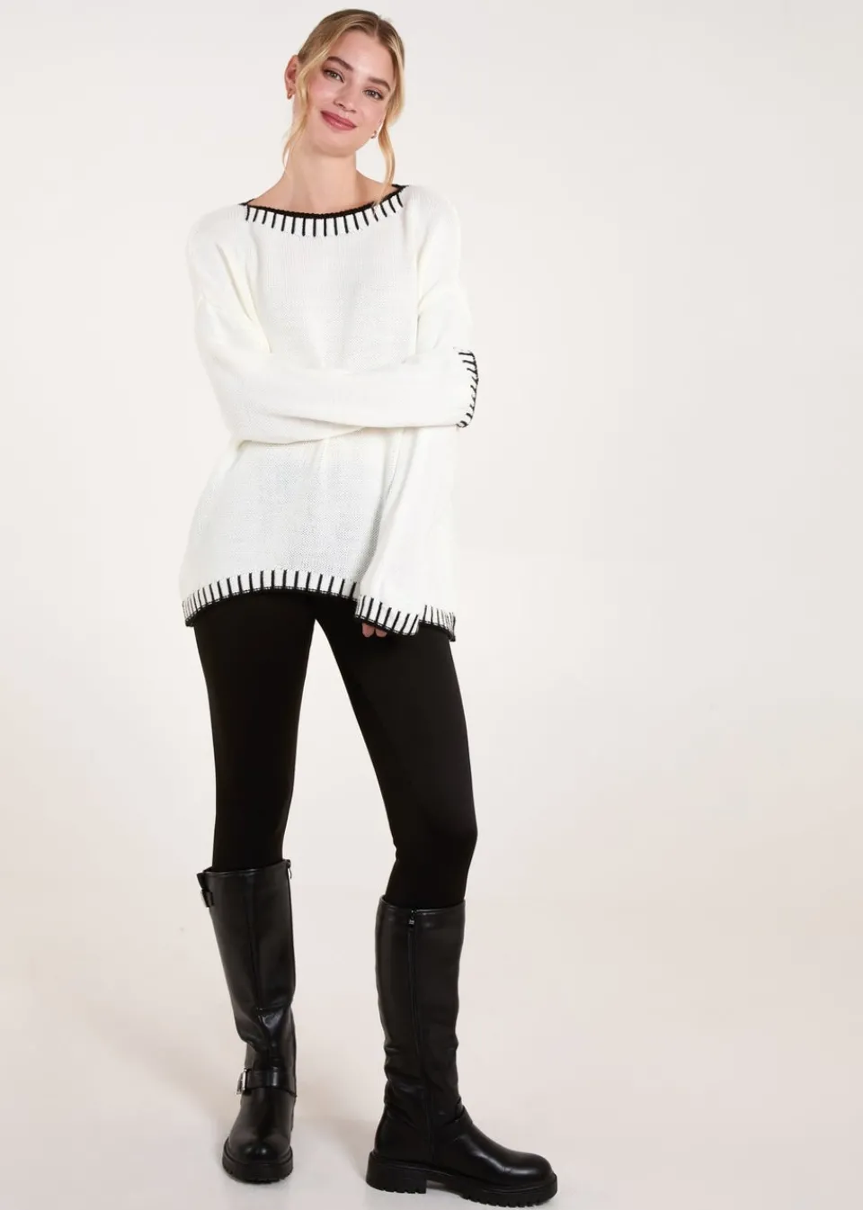 Tops>Blue Vanilla Cream Stitch Edge Round Neck Jumper