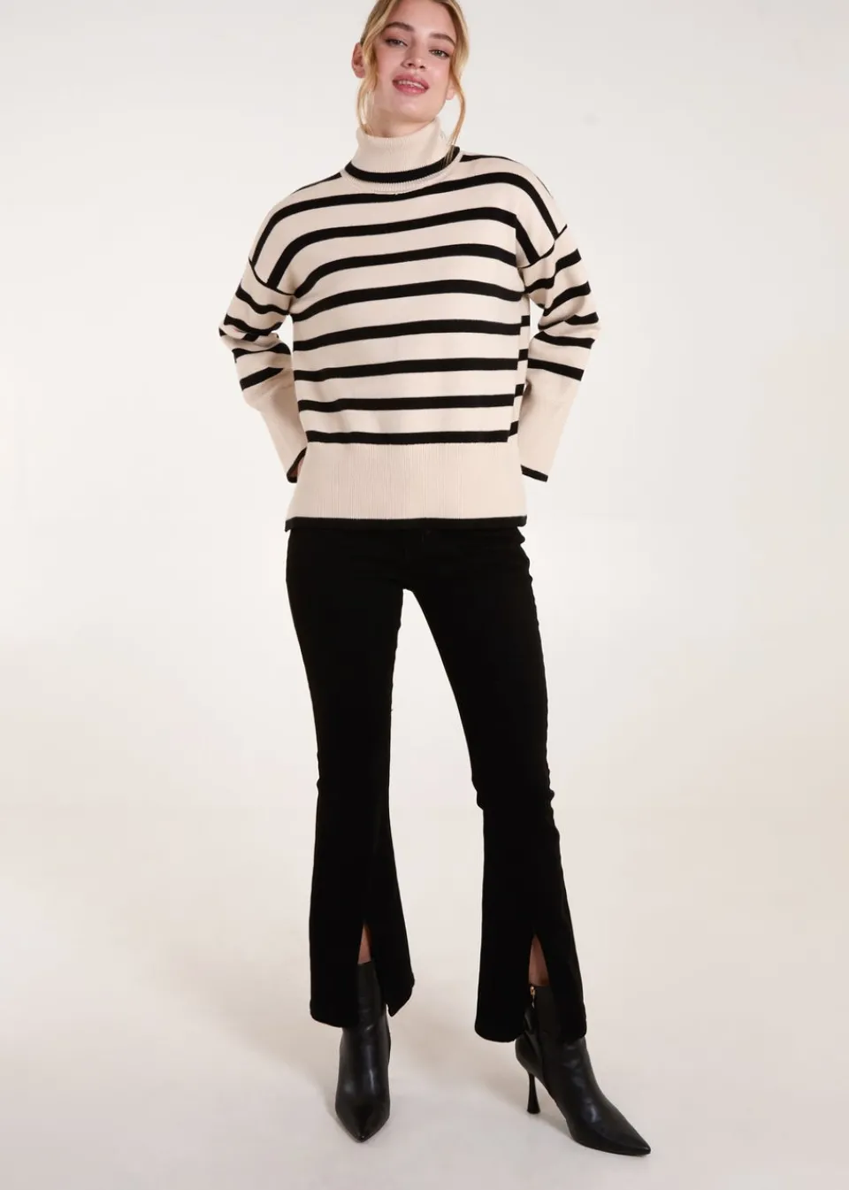 Tops>Blue Vanilla Cream Wide Stripe Roll Neck Jumper