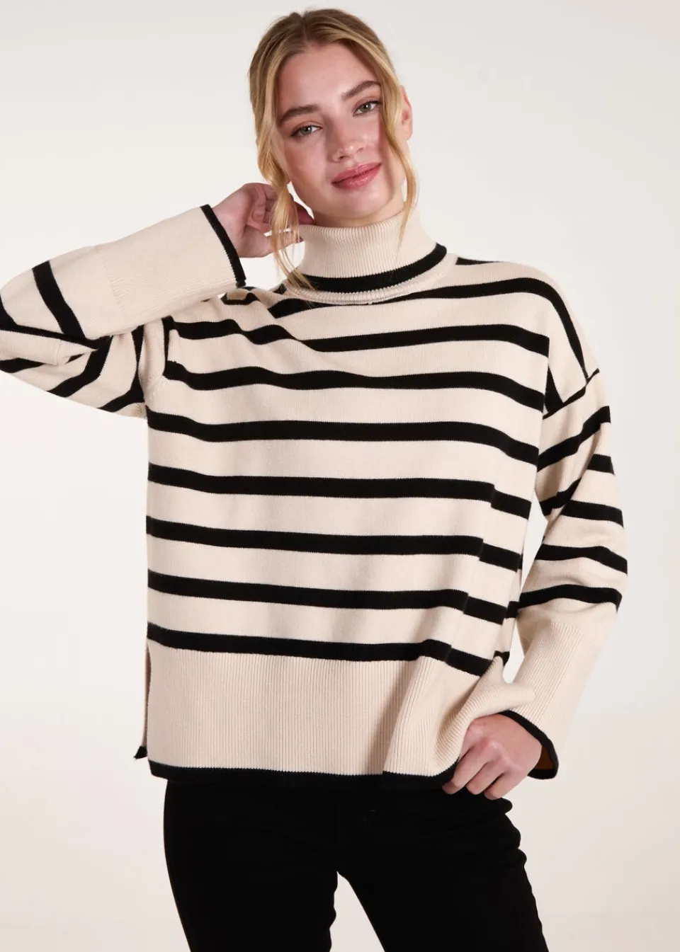 Tops>Blue Vanilla Cream Wide Stripe Roll Neck Jumper