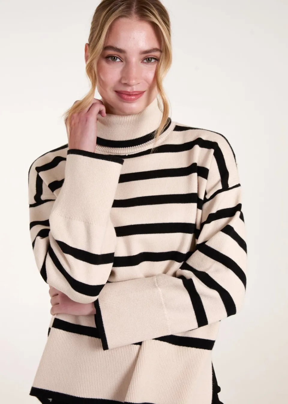 Tops>Blue Vanilla Cream Wide Stripe Roll Neck Jumper