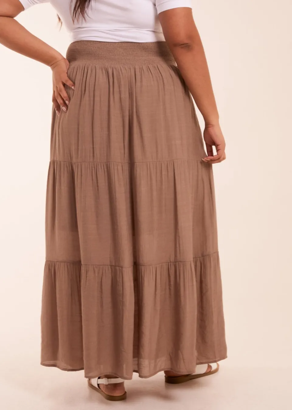 Skirts>Blue Vanilla Curve Brown Tiered Shirred Maxi Skirt