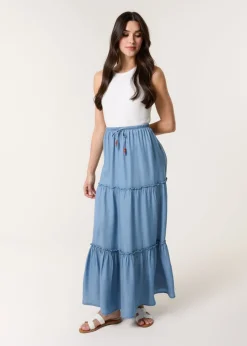 Skirts>Blue Vanilla Denim Beaded Tiered Midi Skirt