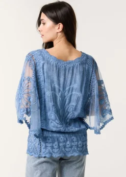 Tops>Blue Vanilla Denim Floral Lace Butterfly Sleeve Blouse