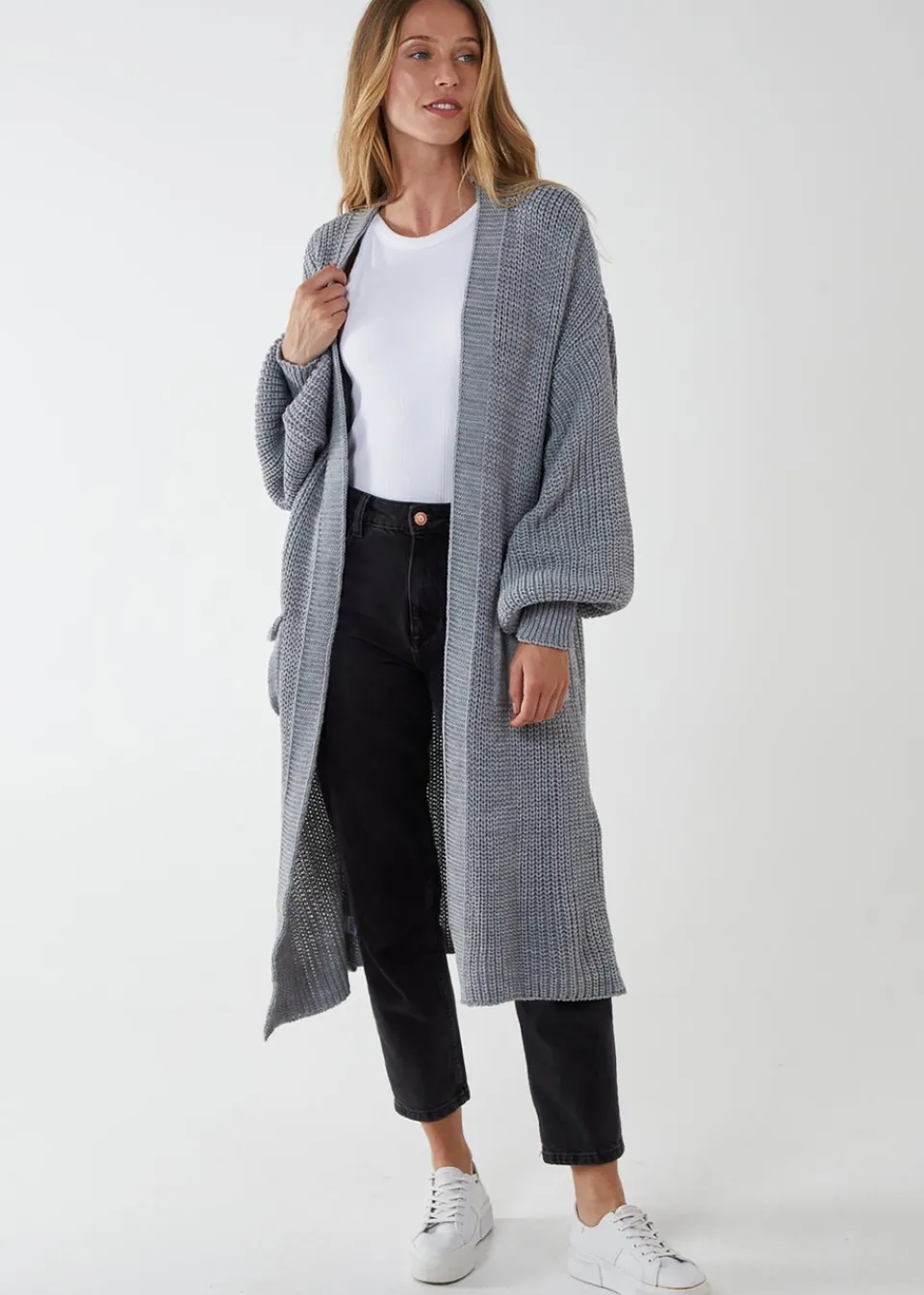 Tops>Blue Vanilla Edge to Edge Knitted Long Cardigan Grey