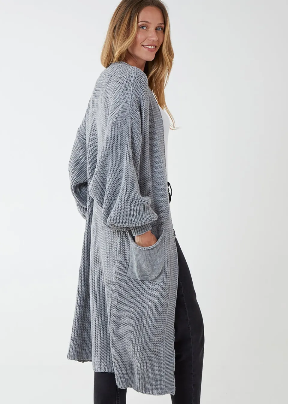 Tops>Blue Vanilla Edge to Edge Knitted Long Cardigan Grey