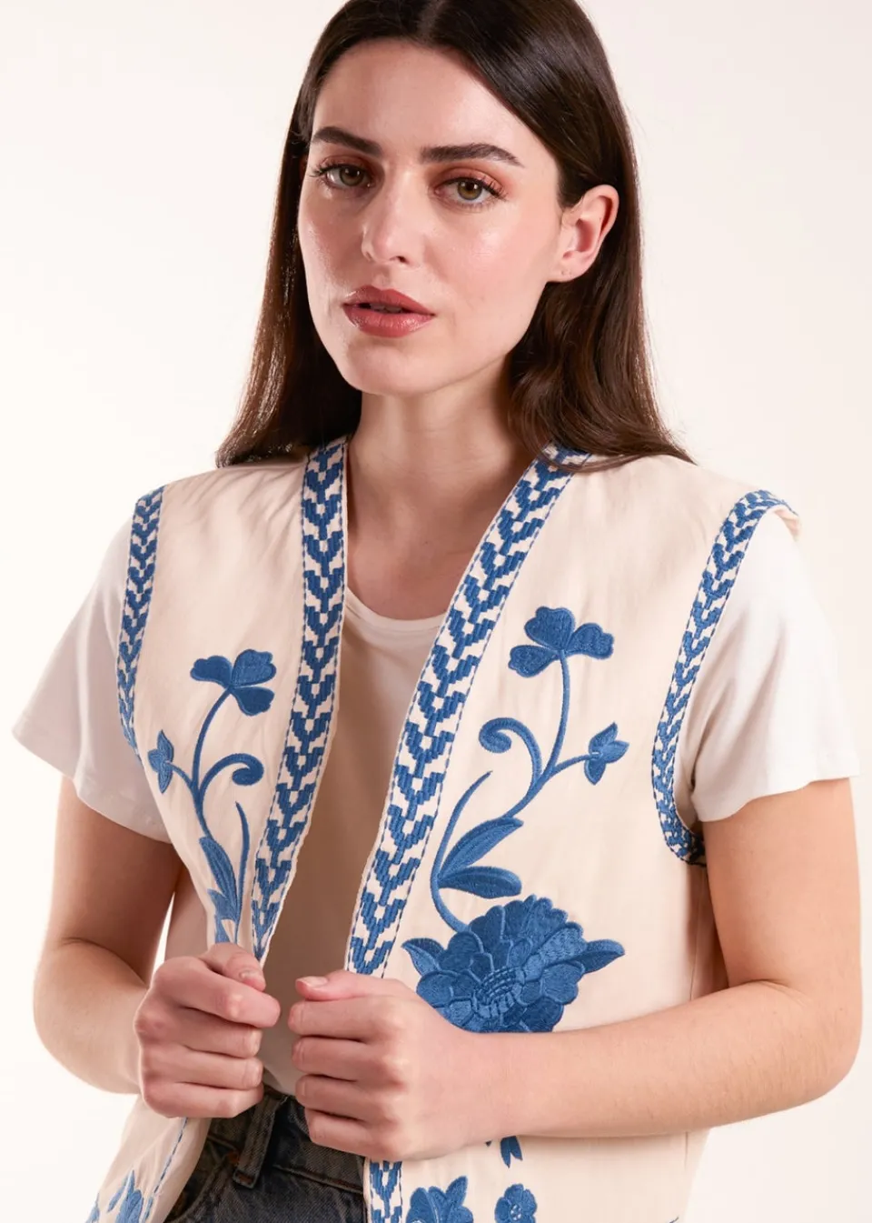 Tops>Blue Vanilla Embroidered Detailed Waistcoat