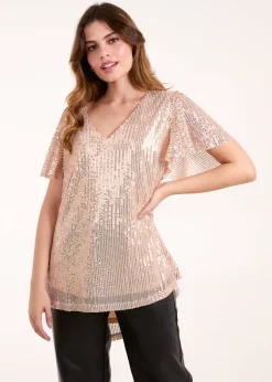 Tops>Blue Vanilla Gold Angel Sleeve V Neck Sequin Top
