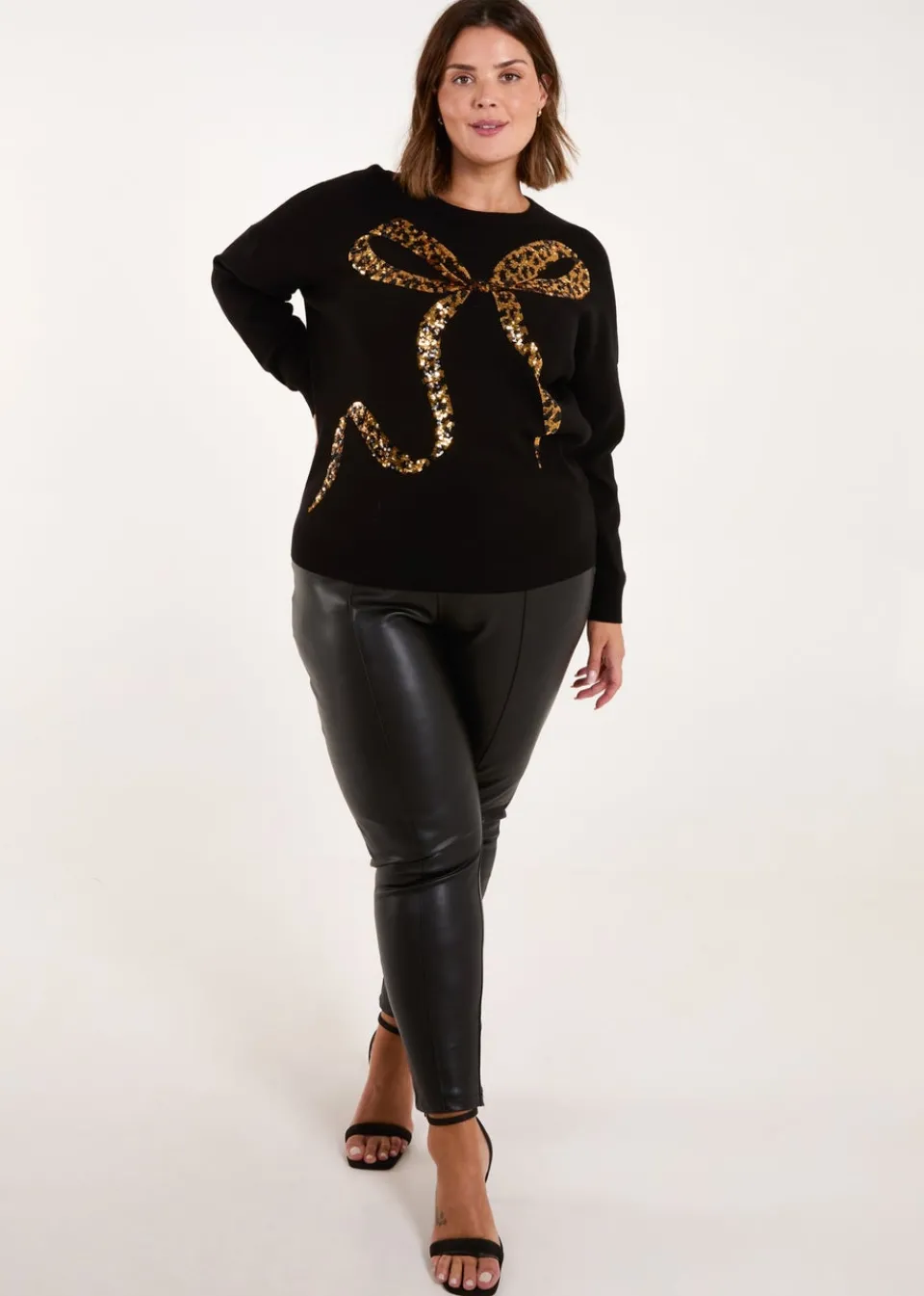 Tops>Blue Vanilla Gold Curve Sequin Christmas Leopard Bow Jumper