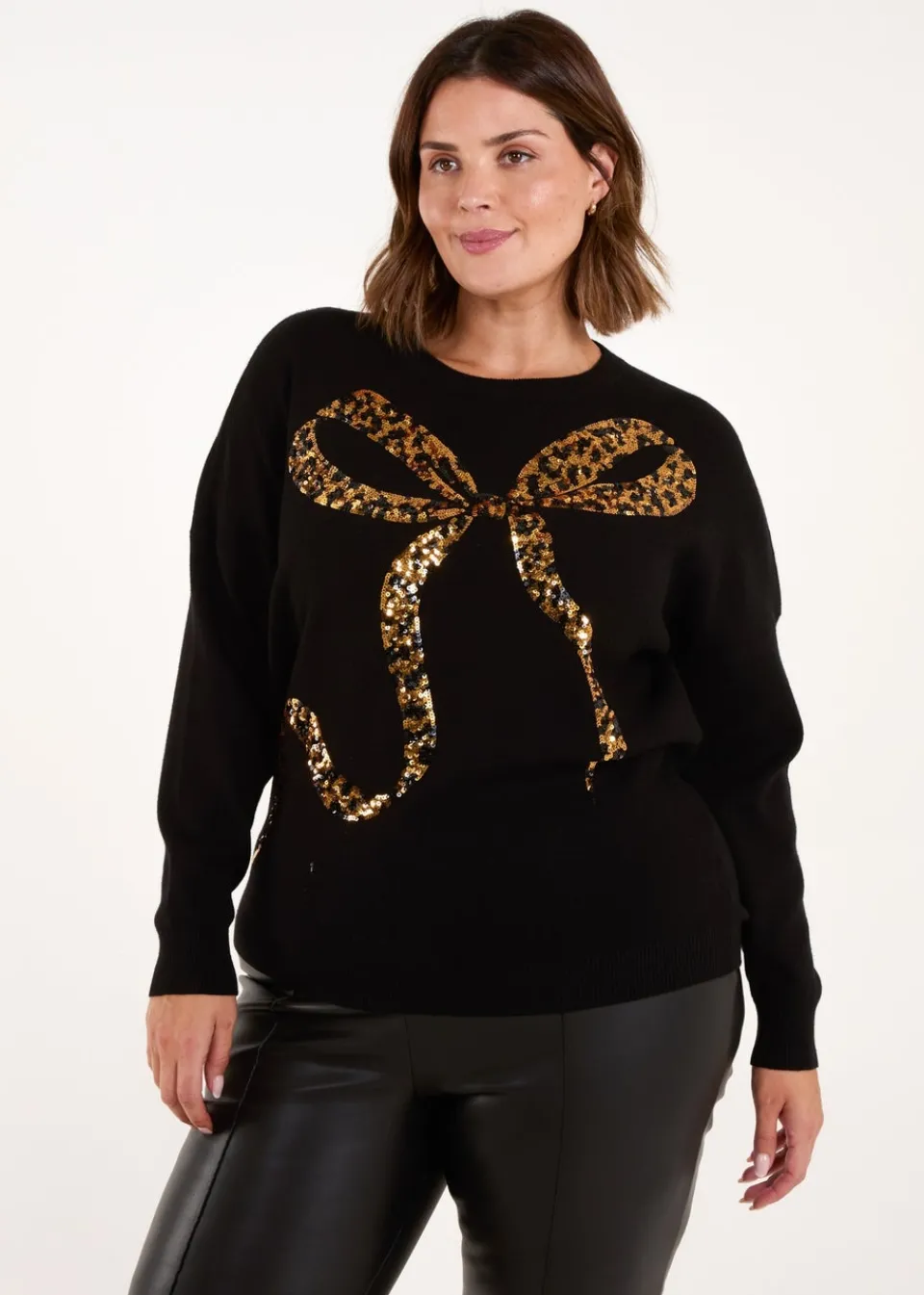 Tops>Blue Vanilla Gold Curve Sequin Christmas Leopard Bow Jumper