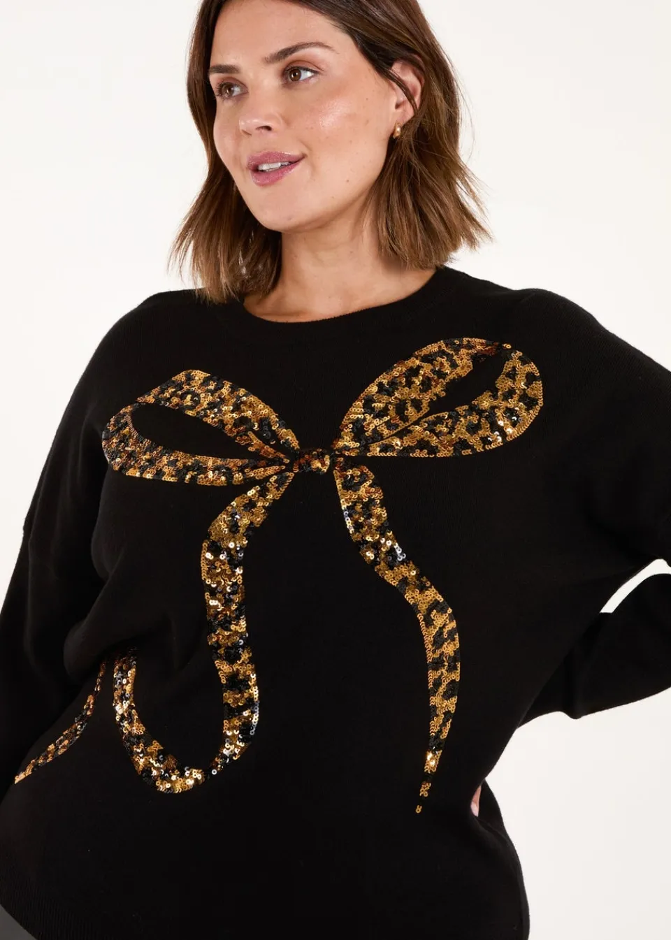 Tops>Blue Vanilla Gold Curve Sequin Christmas Leopard Bow Jumper