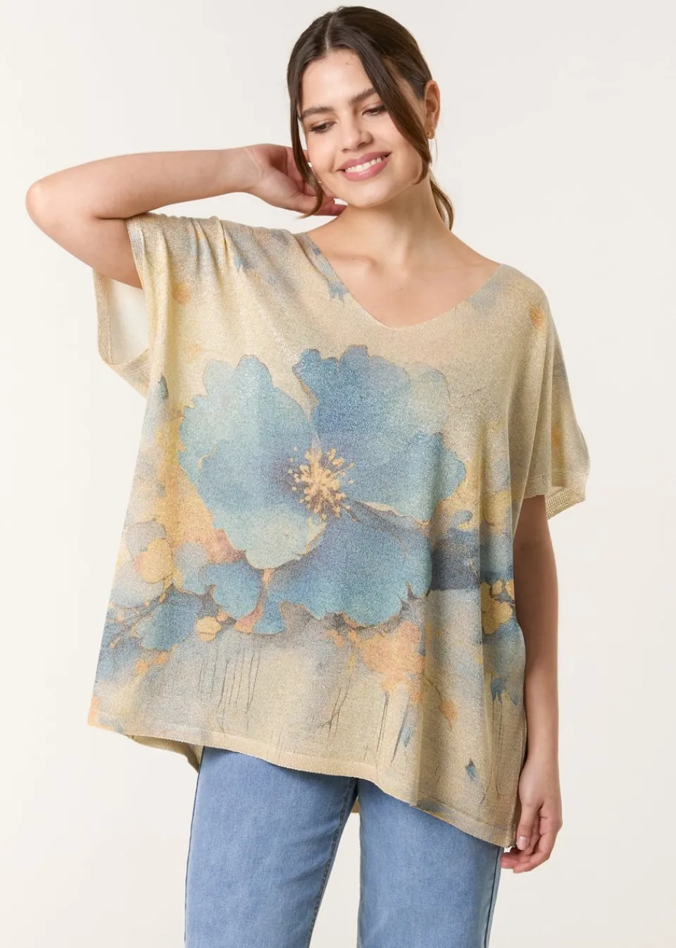 Tops>Blue Vanilla Gold Floral Shimmer Print Knitted Top