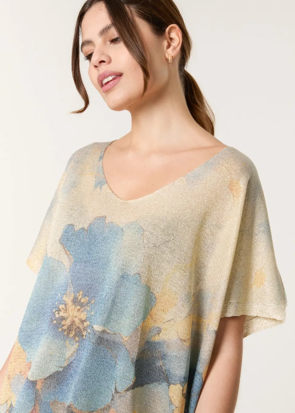 Tops>Blue Vanilla Gold Floral Shimmer Print Knitted Top